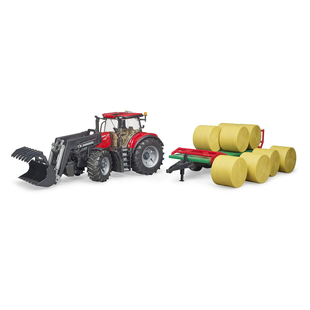 TRACTOR CASE IH OPTUM 300 CVX CU INCARCATOR FRONTAL SI REMORCA TRANSPORT CU 8 BALOTI - BRUDER (03198) - Libelula Vesela - Jucarii