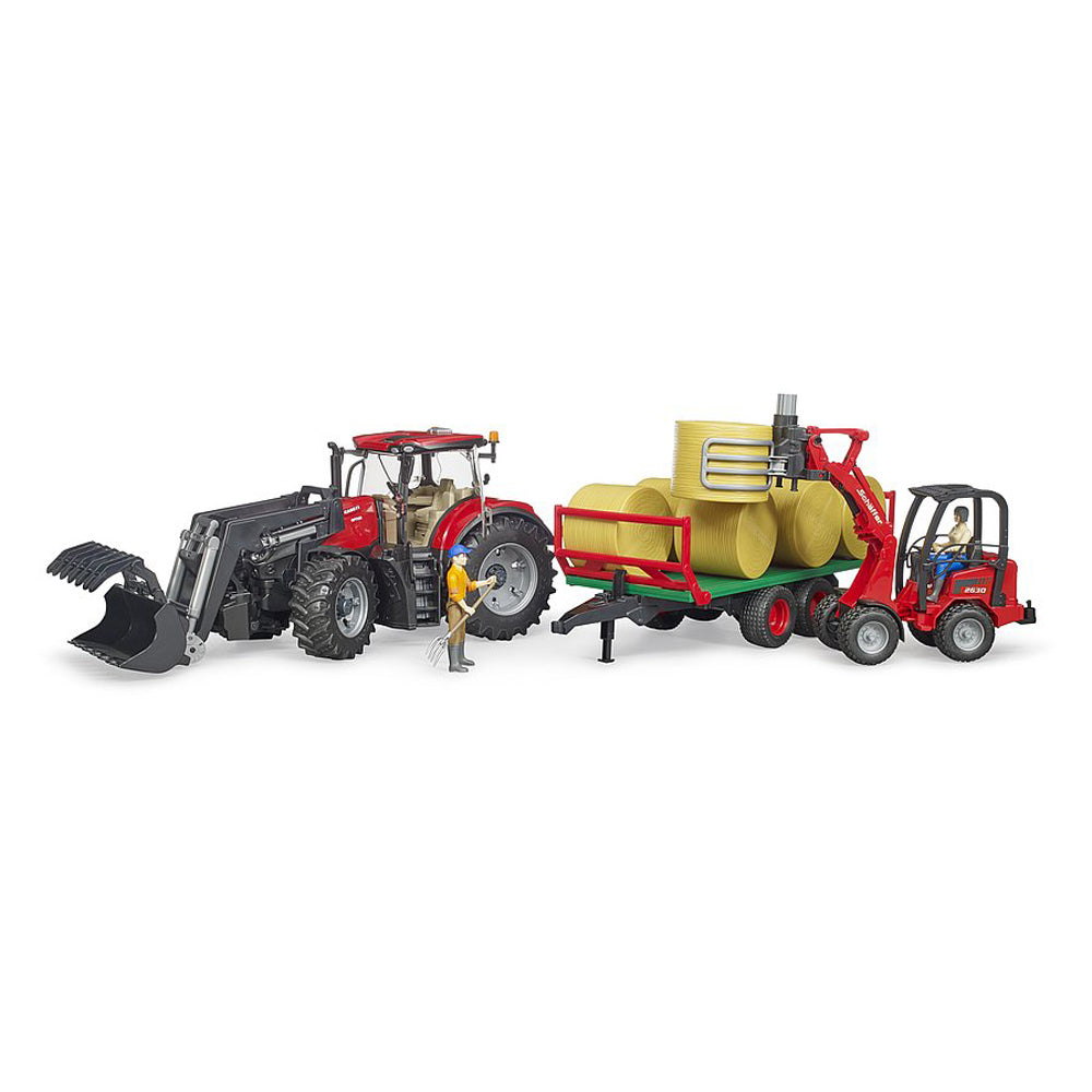 TRACTOR CASE IH OPTUM 300 CVX CU INCARCATOR FRONTAL SI REMORCA TRANSPORT CU 8 BALOTI - BRUDER (03198) - Libelula Vesela - Jucarii