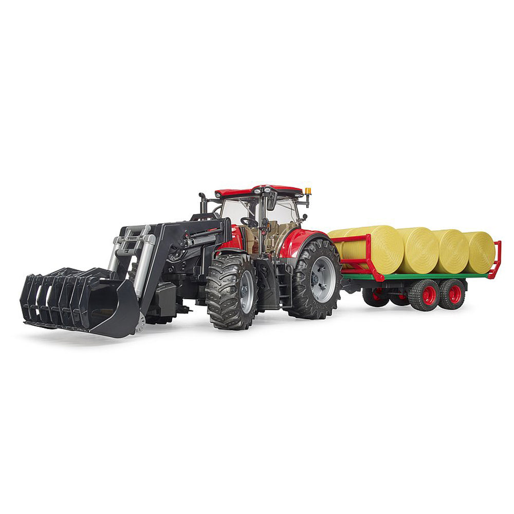 TRACTOR CASE IH OPTUM 300 CVX CU INCARCATOR FRONTAL SI REMORCA TRANSPORT CU 8 BALOTI - BRUDER (03198) - Libelula Vesela - Jucarii