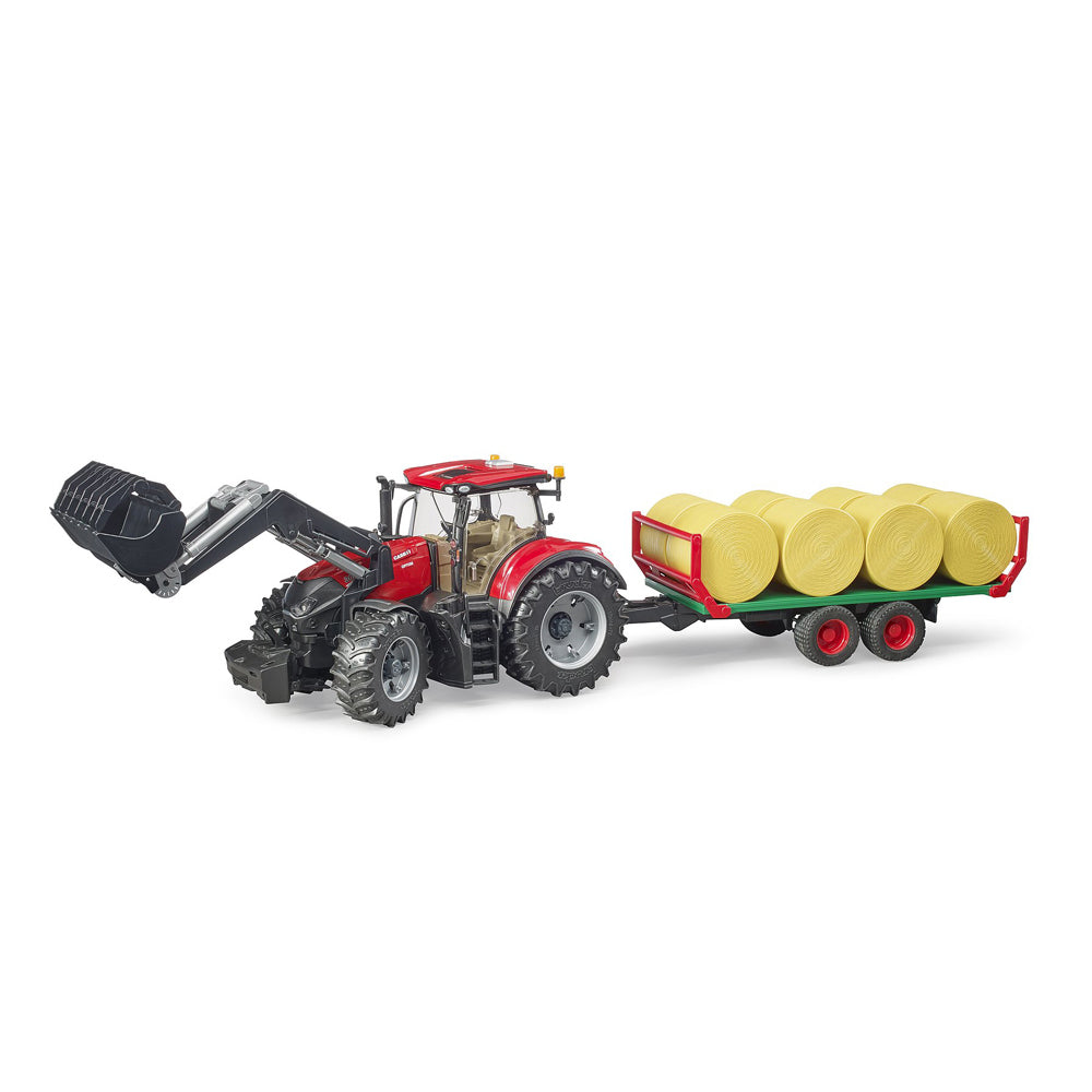 TRACTOR CASE IH OPTUM 300 CVX CU INCARCATOR FRONTAL SI REMORCA TRANSPORT CU 8 BALOTI - BRUDER (03198) - Libelula Vesela - Jucarii