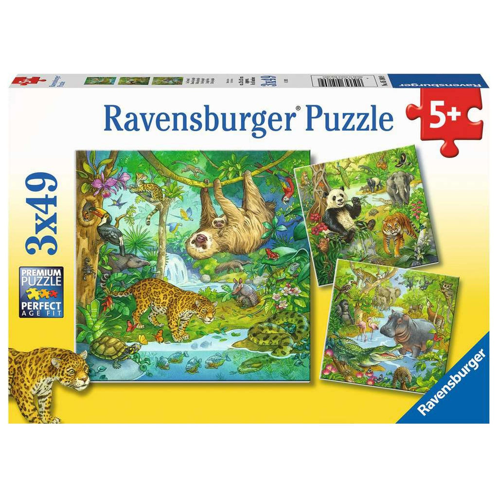 PUZZLE AVENTURI IN JUNGLA, 3X49 PIESE - RAVENSBURGER (05180) - Libelula Vesela - Jucarii