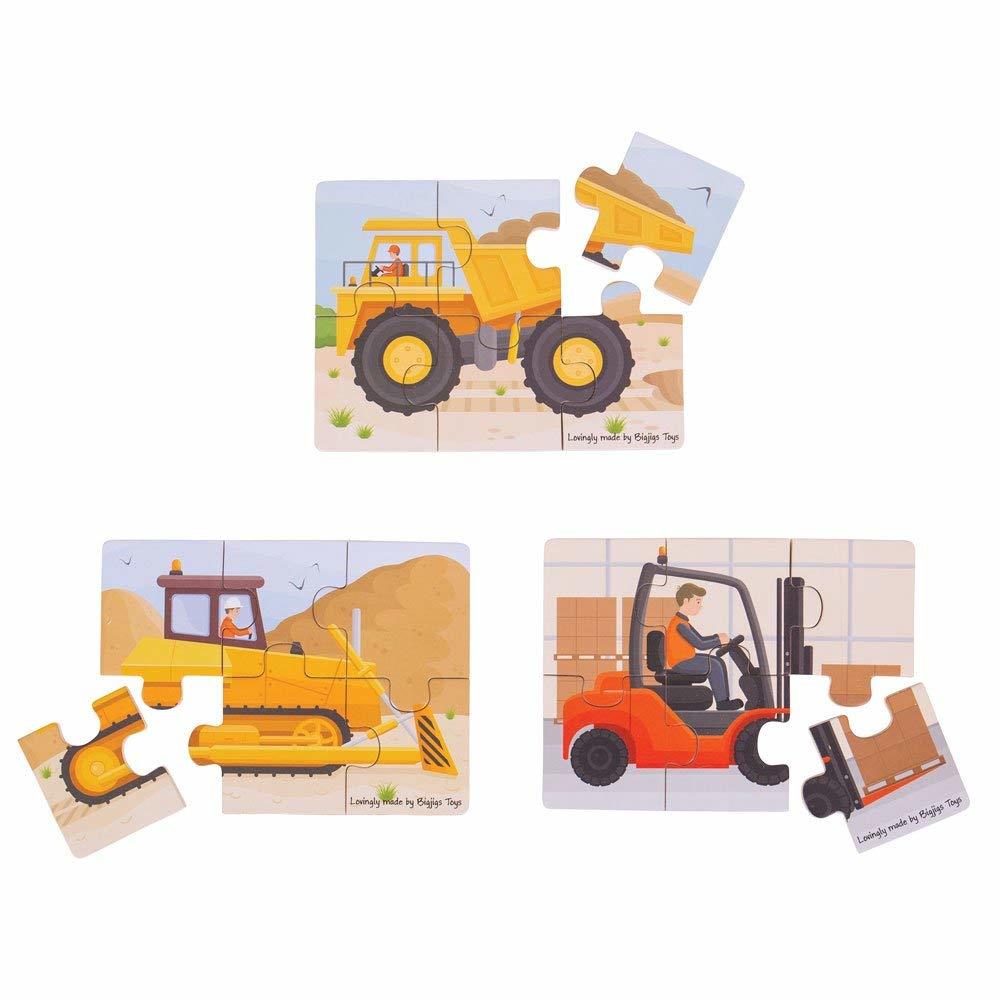 SET 3 PUZZLE DIN LEMN - VEHICULE PENTRU CONSTRUCTII - BIGJIGS (BJ817) - Libelula Vesela - Jucarii