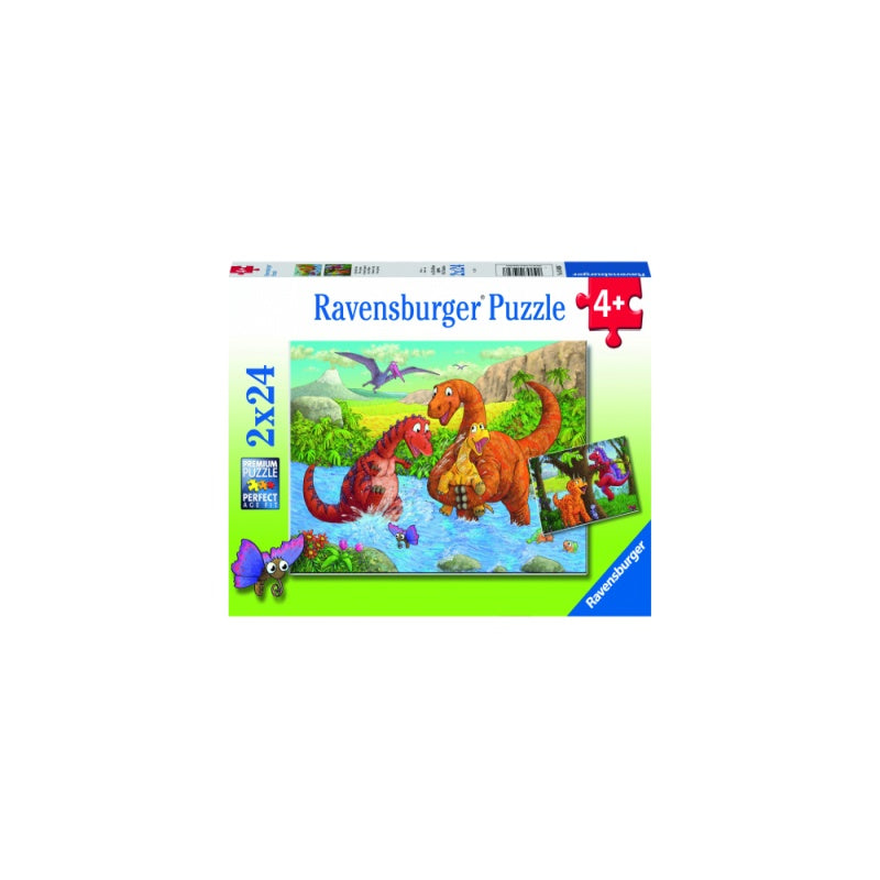 PUZZLE DINOZAURI LA RAU, 2X24 PIESE - RAVENSBURGER (RVSPC05030) - Libelula Vesela - Jucarii