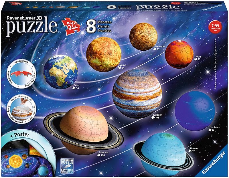 PUZZLE 3D SISTEMUL SOLAR, 27/54/72/108 PIESE - RAVENSBURGER (RVS3D11668) - Libelula Vesela - Jucarii