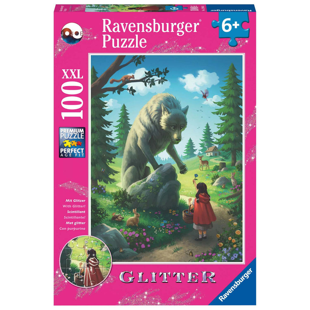 PUZZLE SCUFITA ROSIE SI LUPUL, 100 PIESE GLITTER - RAVENSBURGER (RVSPC12988) - Libelula Vesela - Jucarii