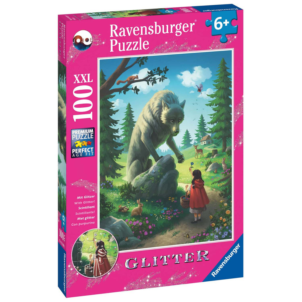 PUZZLE SCUFITA ROSIE SI LUPUL, 100 PIESE GLITTER - RAVENSBURGER (RVSPC12988) - Libelula Vesela - Jucarii