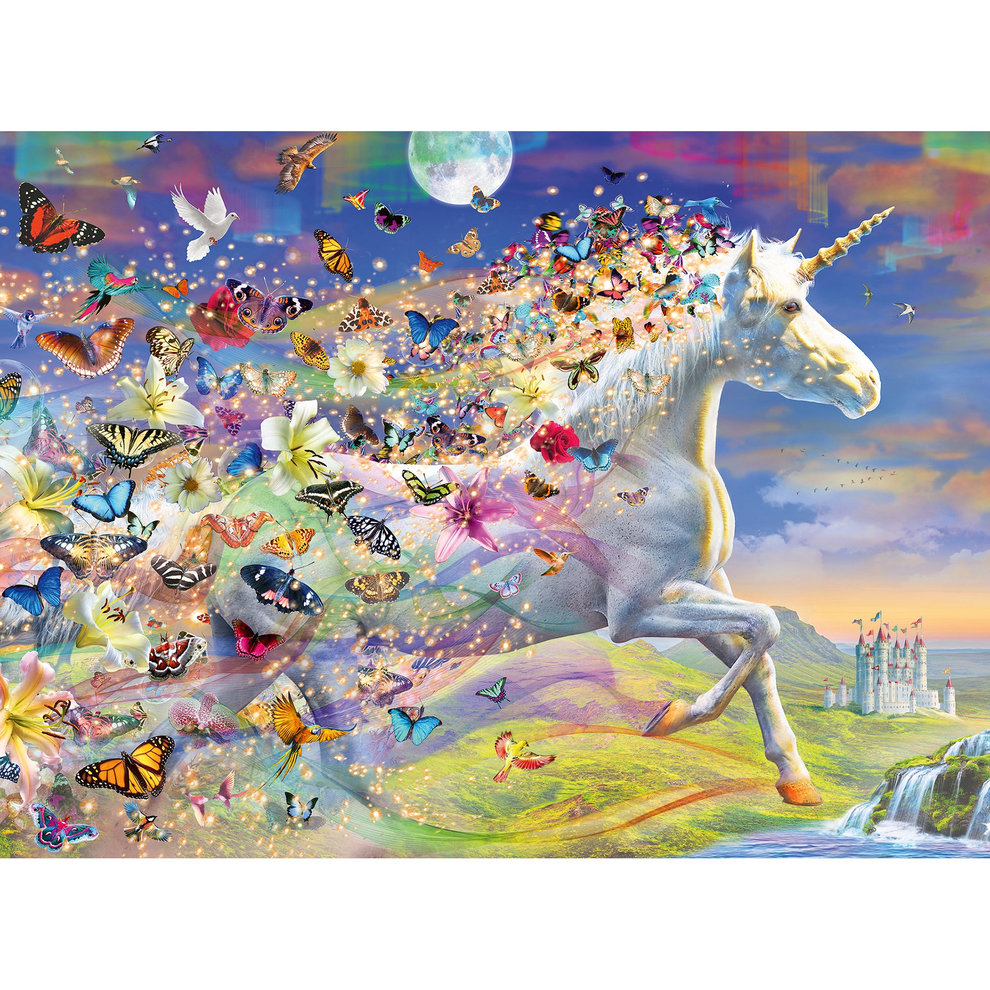PUZZLE UNICORNI SI FLUTURI, 500 PIESE + STICKERE - RAVENSBURGER (RVSPA15046) - Libelula Vesela - Jucarii