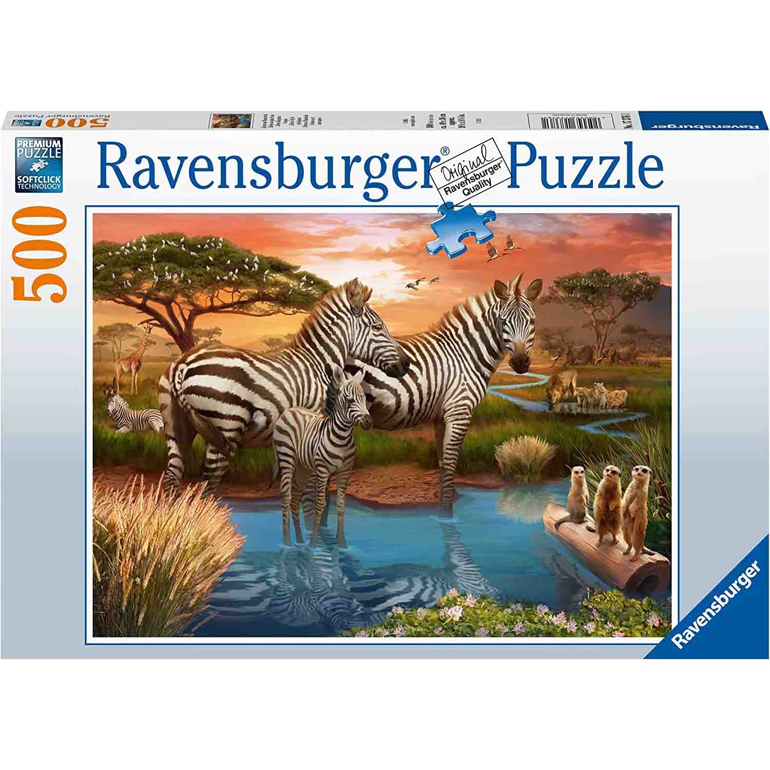 PUZZLE ZEBRE LA APA, 500 PIESE - RAVENSBURGER (RVSPA17376) - Libelula Vesela - Jucarii