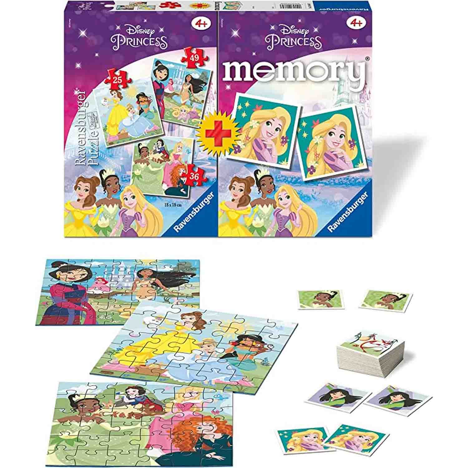 PUZZLE + JOC MEMORY PRINTESELE DISNEY, 25/36/49 PIESE - RAVENSBURGER (RVSPC20864) - Libelula Vesela - Jucarii