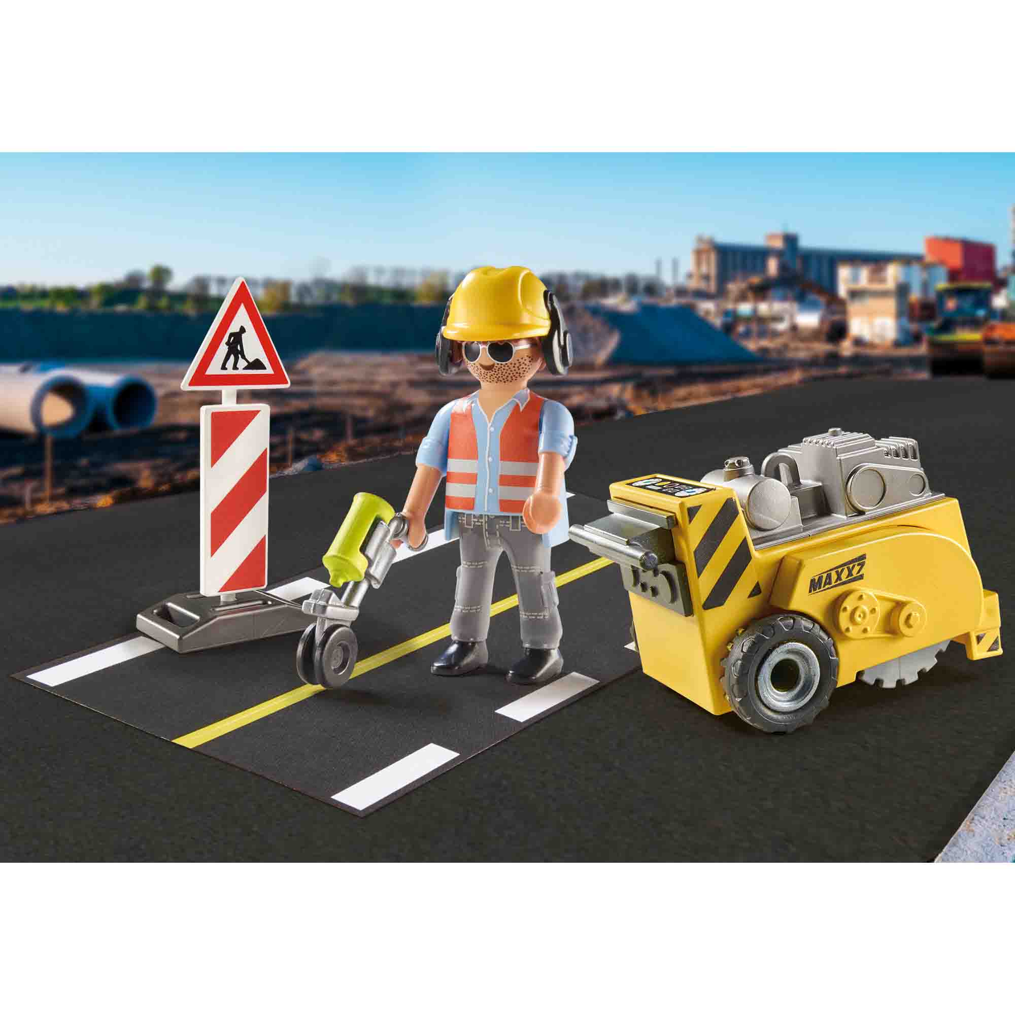SET CADOU DISPOZITIV DE TAIERE ASFALT - PLAYMOBIL CONSTRUCTION (PM71185) - Libelula Vesela - Jucarii