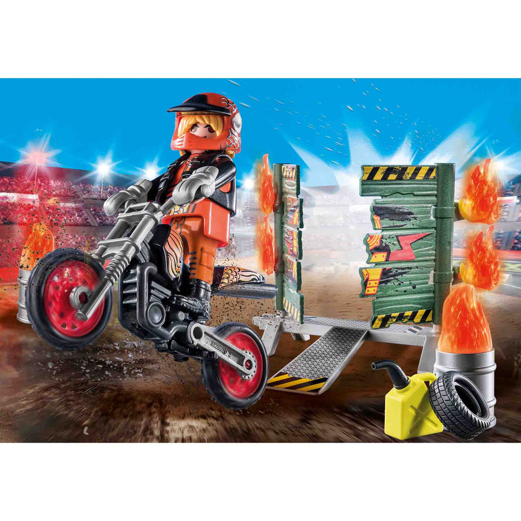 SET MOTOCICLIST STUNTSHOW SI PERETE DE FOC - PLAYMOBIL STUNT SHOW (PM71256) - Libelula Vesela - Jucarii