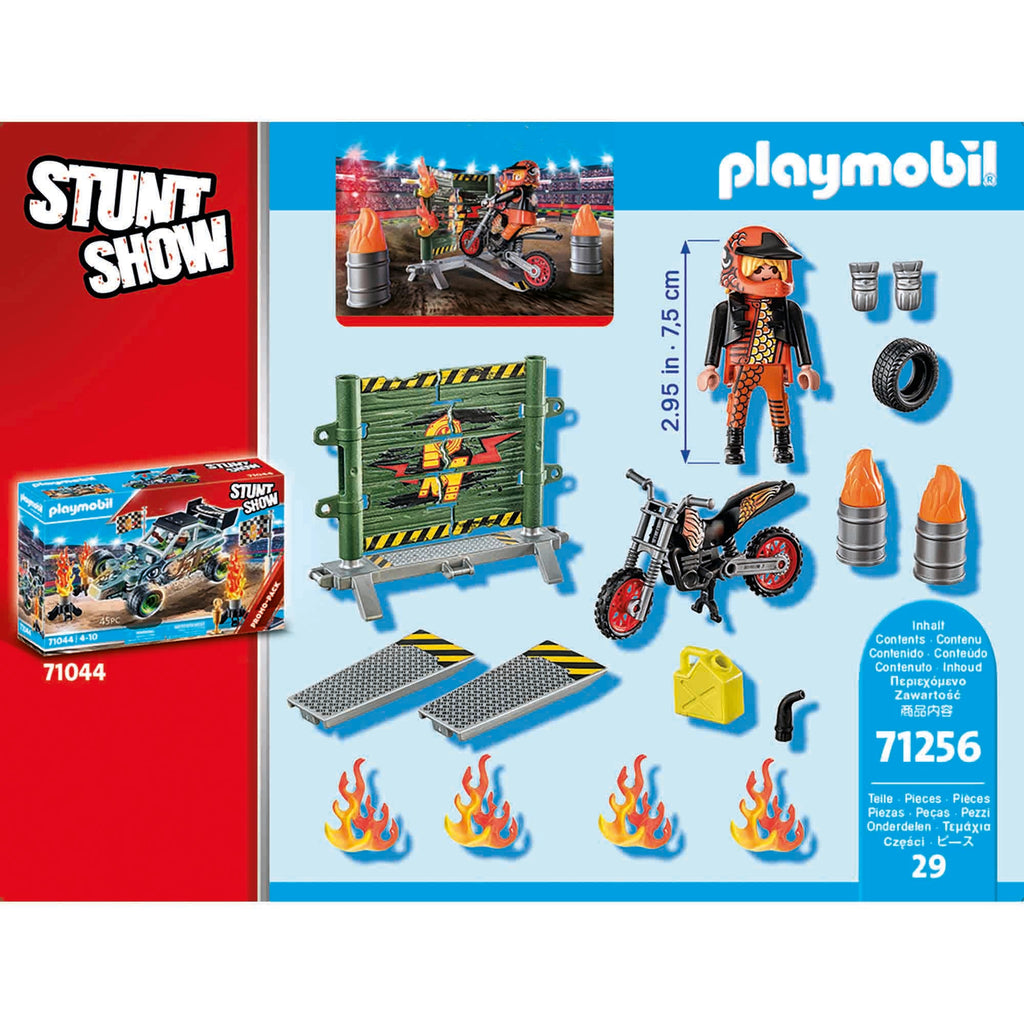 SET MOTOCICLIST STUNTSHOW SI PERETE DE FOC - PLAYMOBIL STUNT SHOW (PM71256) - Libelula Vesela - Jucarii