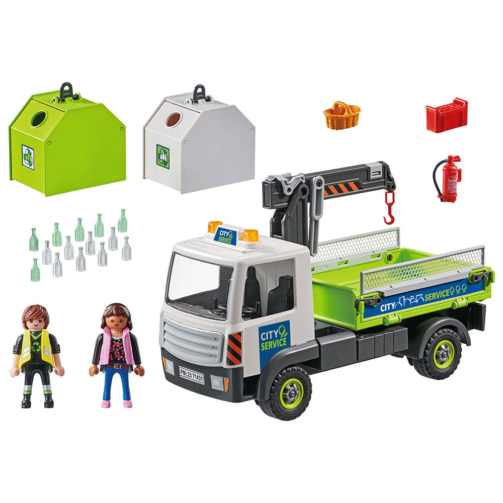 CAMION DE RECICLARE STICLA CU CONTAINER - PLAYMOBIL CITY ACTION - CITY CLEANING - (PM71431) - Libelula Vesela - Jucarii