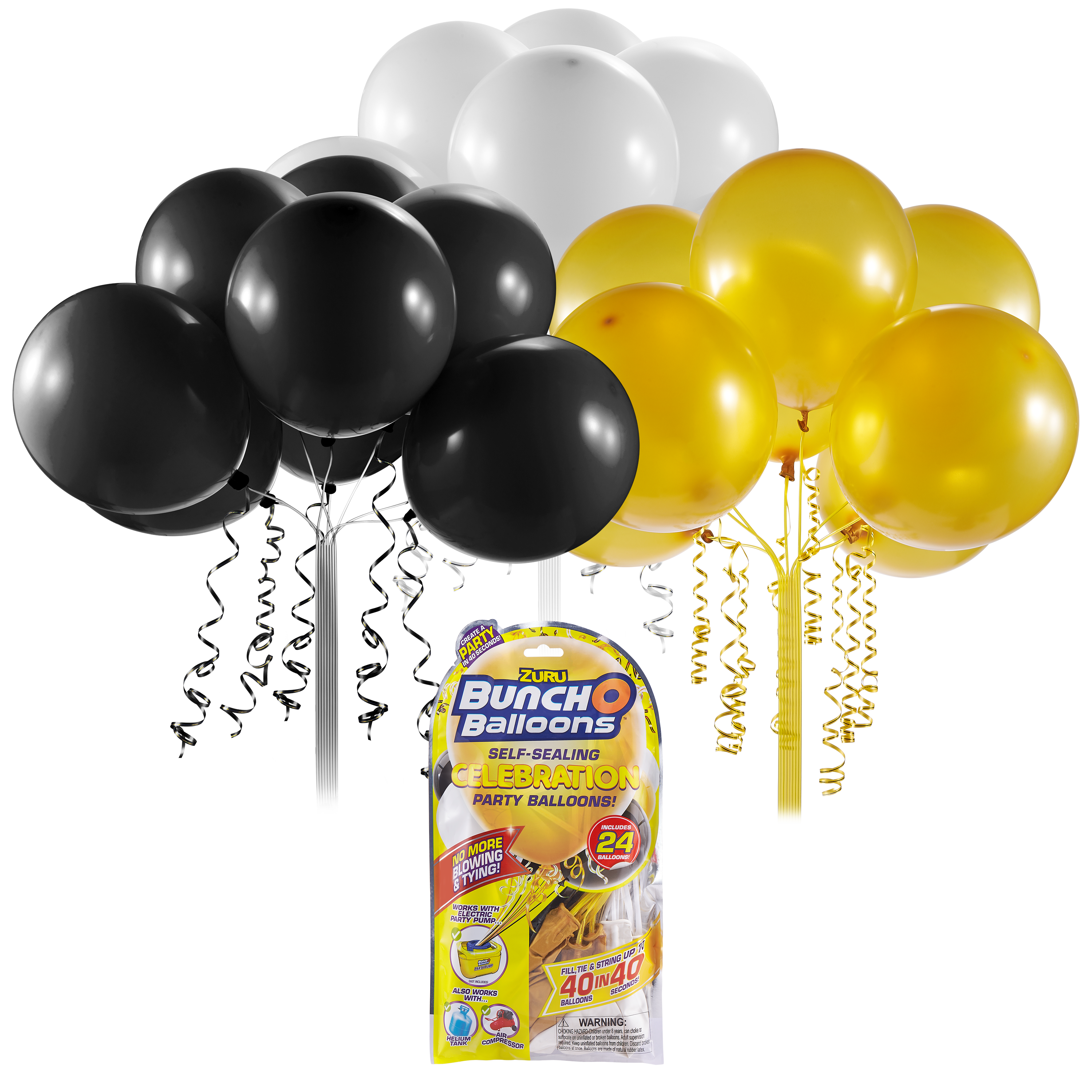 BUNCH O BALLOONS BALOANE DE PETRECERE SET REZERVE NEGRU, AURIU, ALB (24 BALOANE) - ZURU (56179DUQ1) - Libelula Vesela - Articole pentru petrecere