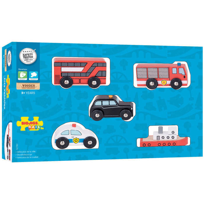 SET 5 VEHICULE DIN LEMN - BIGJIGS (BJT064) - Libelula Vesela - Jucarii