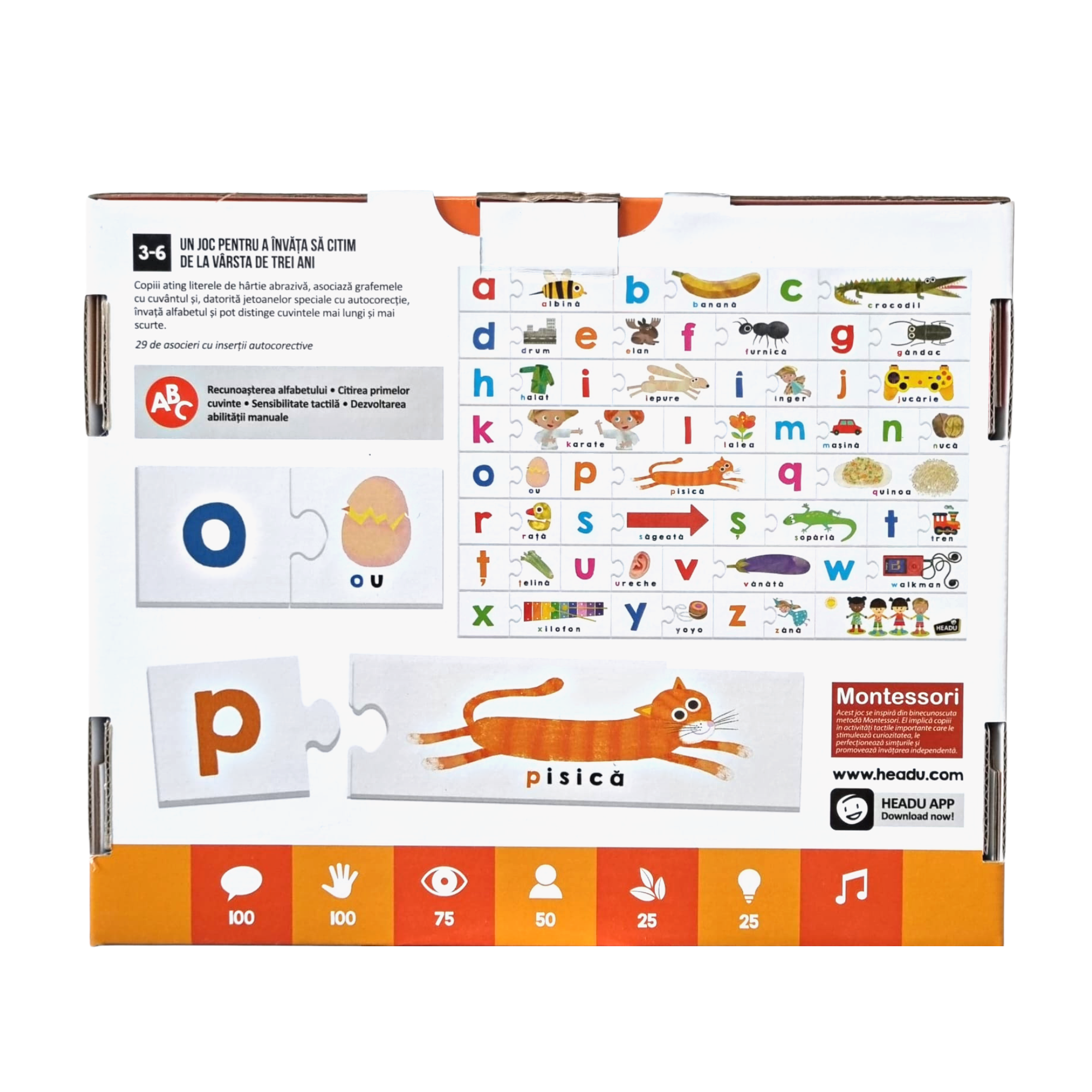 HEADU MONTESSORI - JOC TACTIL ABC ROMANA - HEADU (HE53122) - Libelula Vesela - Jucarii