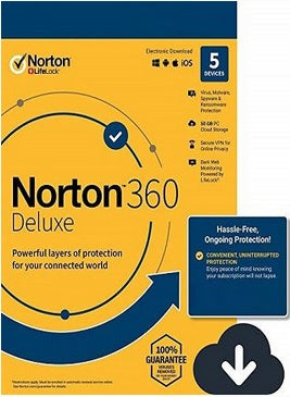 NORTON 360 DELUXE KEY (1 YEAR / 5 DEVICES) + 50 GB CLOUD STORAGE - OFFICIAL WEBSITE - PC - WORLDWIDE - MULTILANGUAGE - Libelula Vesela - Software