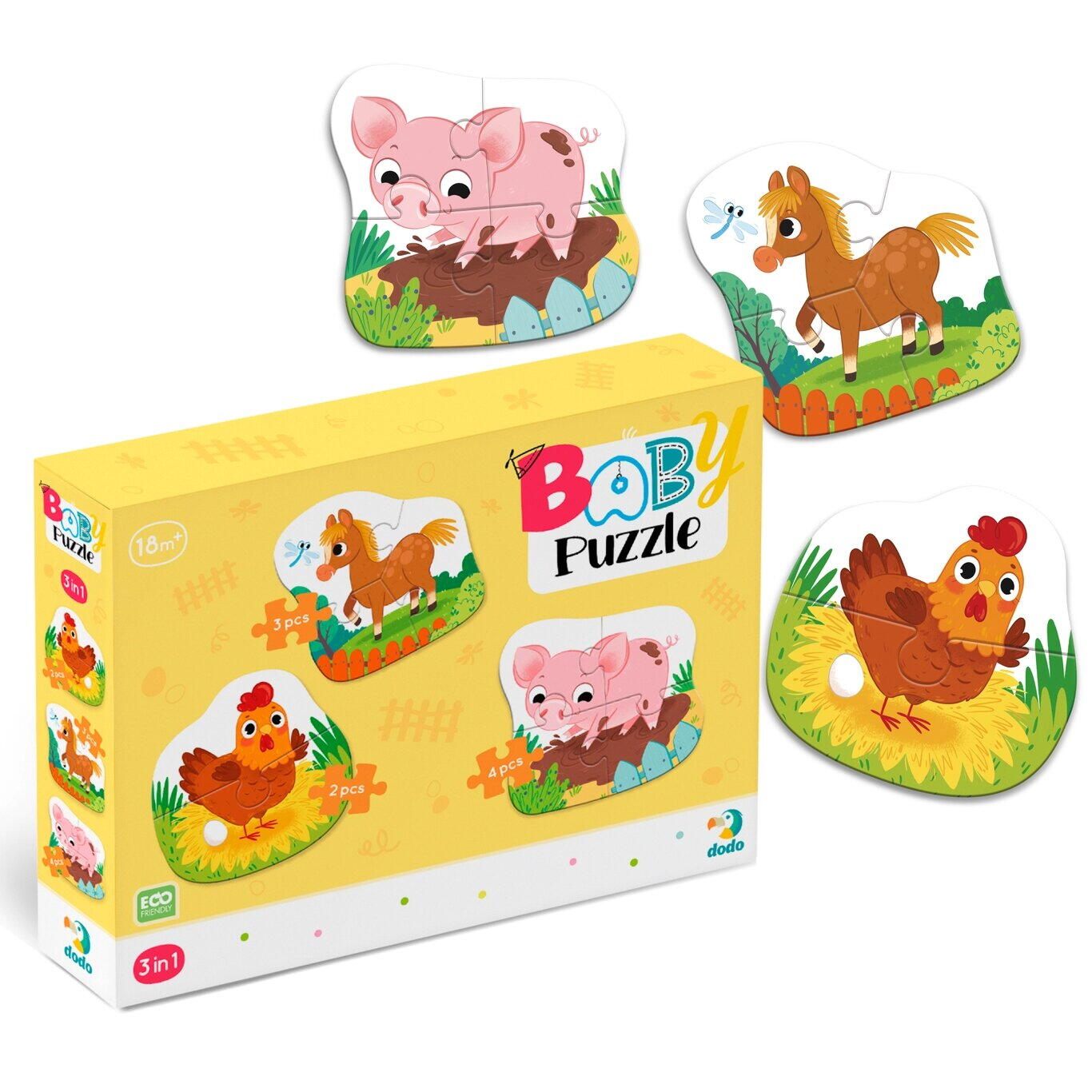 PUZZLE 3 IN 1 - O ZI LA FERMA (2,3,4 PIESE) - DODO (DO300394) - Libelula Vesela - Jucarii