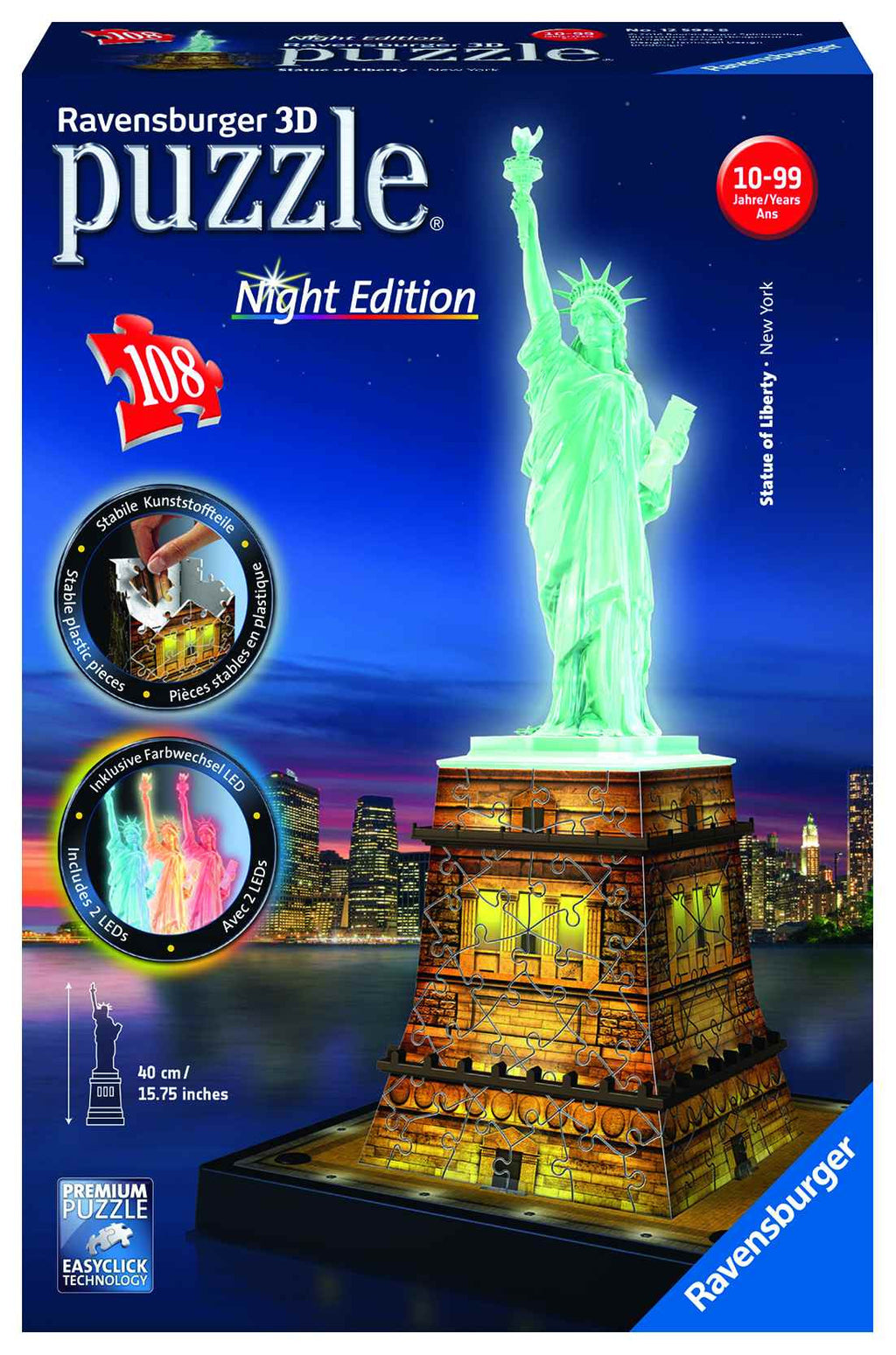 RAVENSBURGER - PUZZLE 3D LUMINOS STATUIA LIBERTATII, 108 PIESE (RVS3D12596) - Libelula Vesela - Jucarii