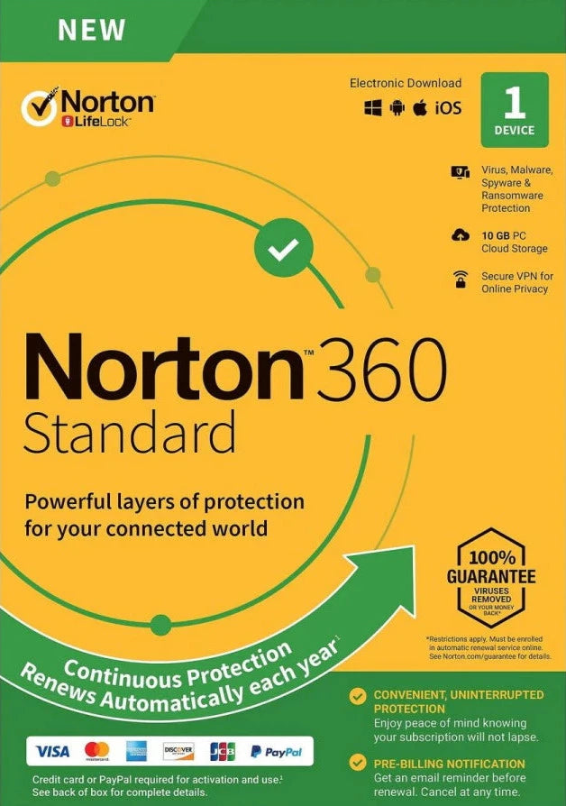 NORTON 360 STANDARD + 10 GB CLOUD STORAGE (1 DEVICE, 1 YEAR) - OFFICIAL WEBSITE - MULTILANGUAGE - EU - PC