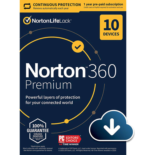 NORTON 360 PREMIUM KEY (1 YEAR / 10 DEVICES) + 75 GB CLOUD STORAGE - OFFICIAL WEBSITE - PC - EU - MULTILANGUAGE